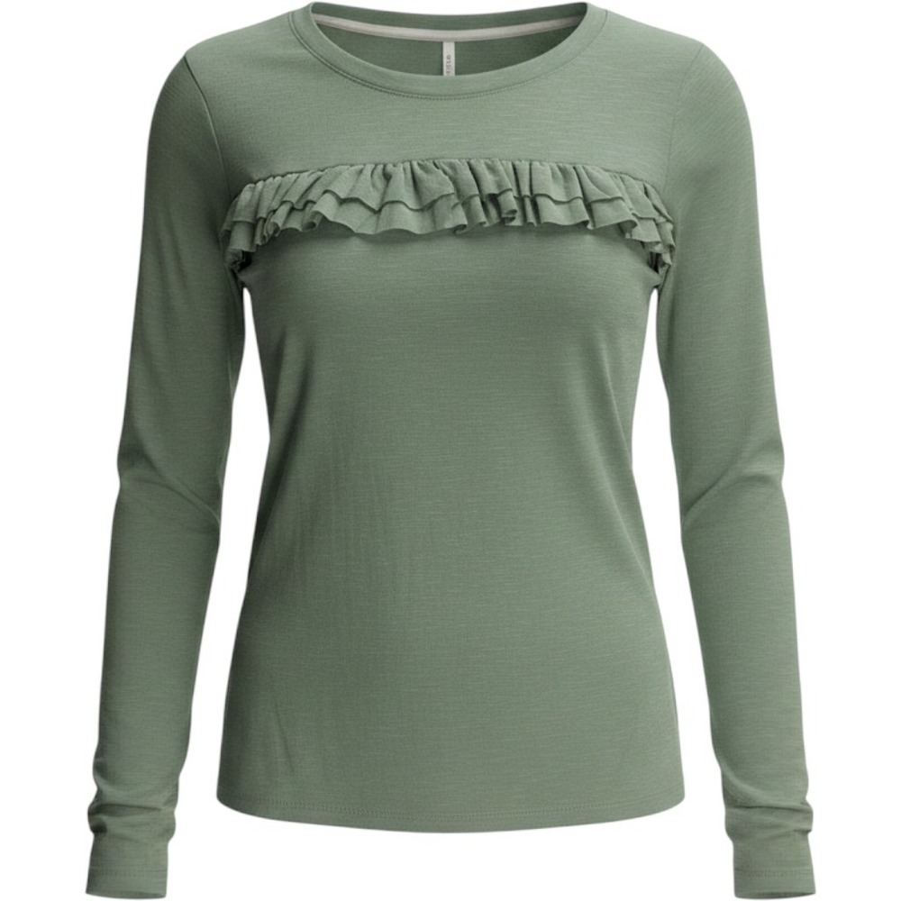 Poof Apparel Sage Green Ruffle Front Slub Knit Long Sleeve Crew Neck Size M